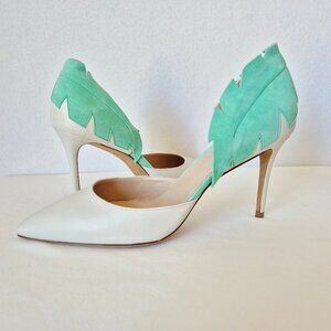 NWoT PADOVAN MILANO Italy Leather Suede Green Leaf Detail 3.5" Pumps Ivory